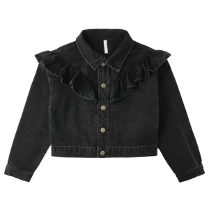 Ruffle Denim Jacket in Washed Black by Rylee & Cru