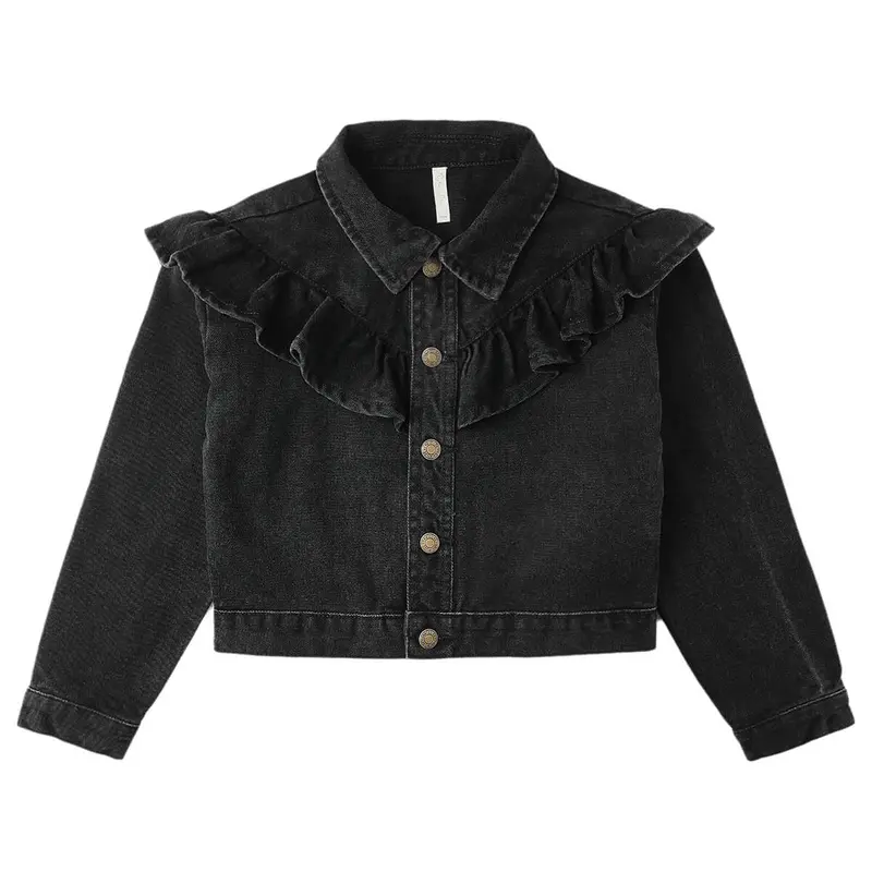 Ruffle Denim Jacket in Washed Black by Rylee & Cru