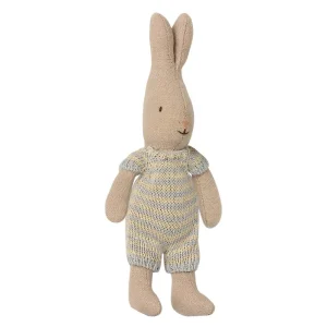 Micro Rabbit in a Sky Blue / Sand Knitted Striped Suit by Maileg