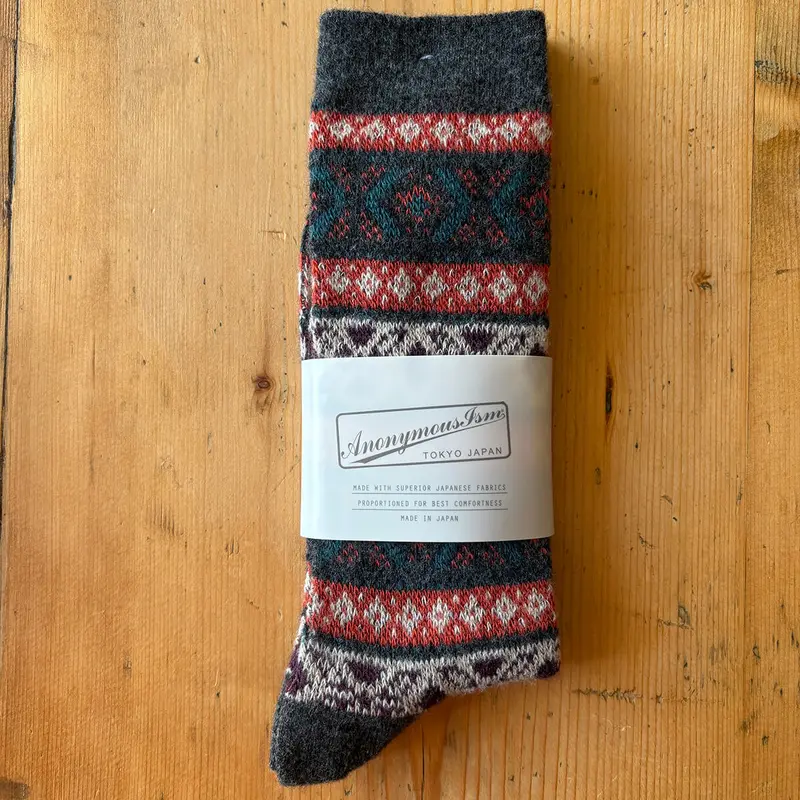 Patterned Wool Jacquard Crew Adult Socks in Charcoal by Anonymous Ism