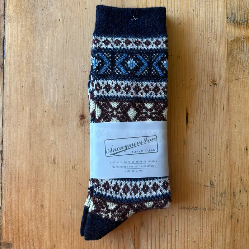 Patterned Wool Jacquard Crew Adult Socks in Navy by Anonymous Ism