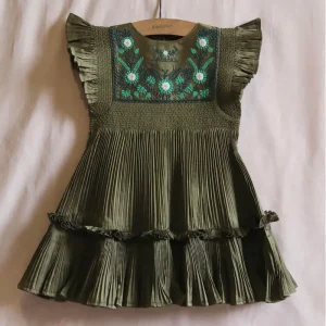 Dress in Pleated Khaki Taffeta by Bonjour