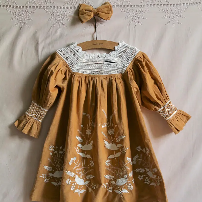Dress With Hair Clip in Curry Baby Cord by Bonjour