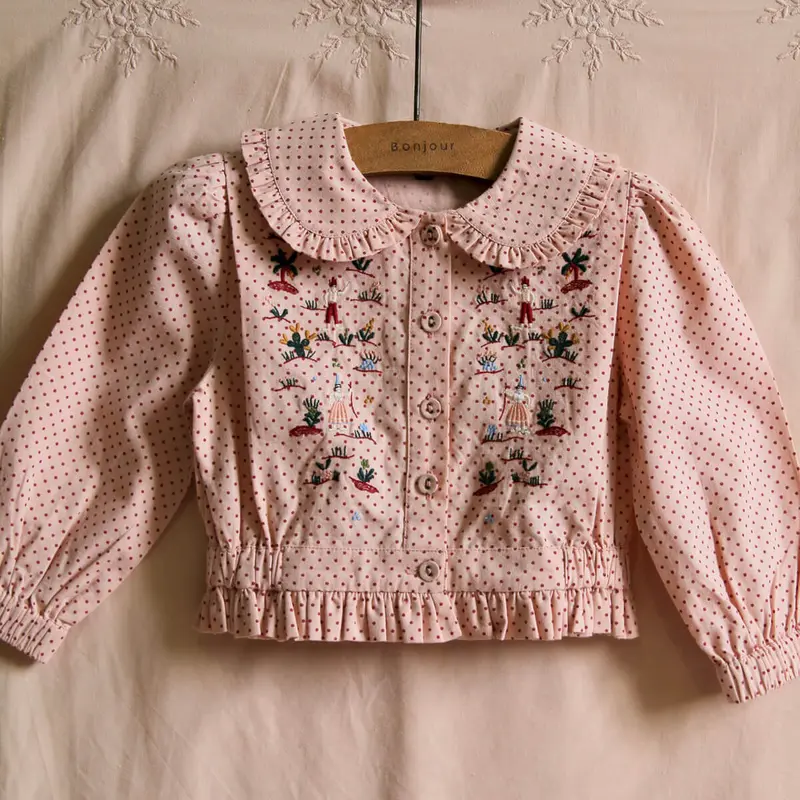 Embroidered Shirt in Pink Dot Print by Bonjour