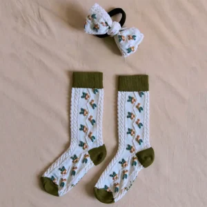 Farandole Socks With Hair Bow in Green/Ecru by Bonjour