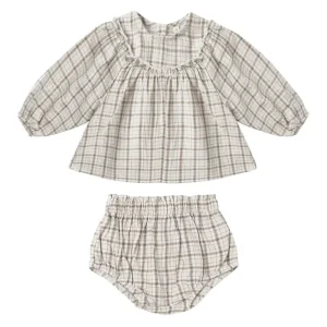 Mia Top and Bloomer Set in Blue Plaid by Quincy Mae