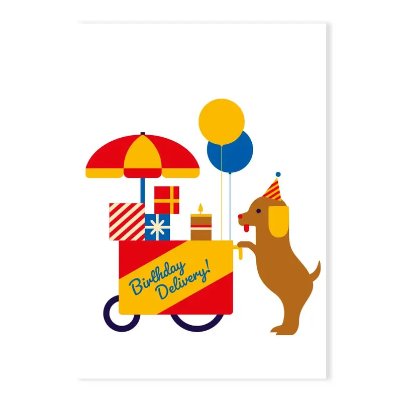 Dog Delivery Wagon Birthday Greetings Card by Dicky Bird