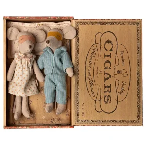 Mum and Dad Mice in Cigarbox (Polka Dot / Stripes) by Maileg