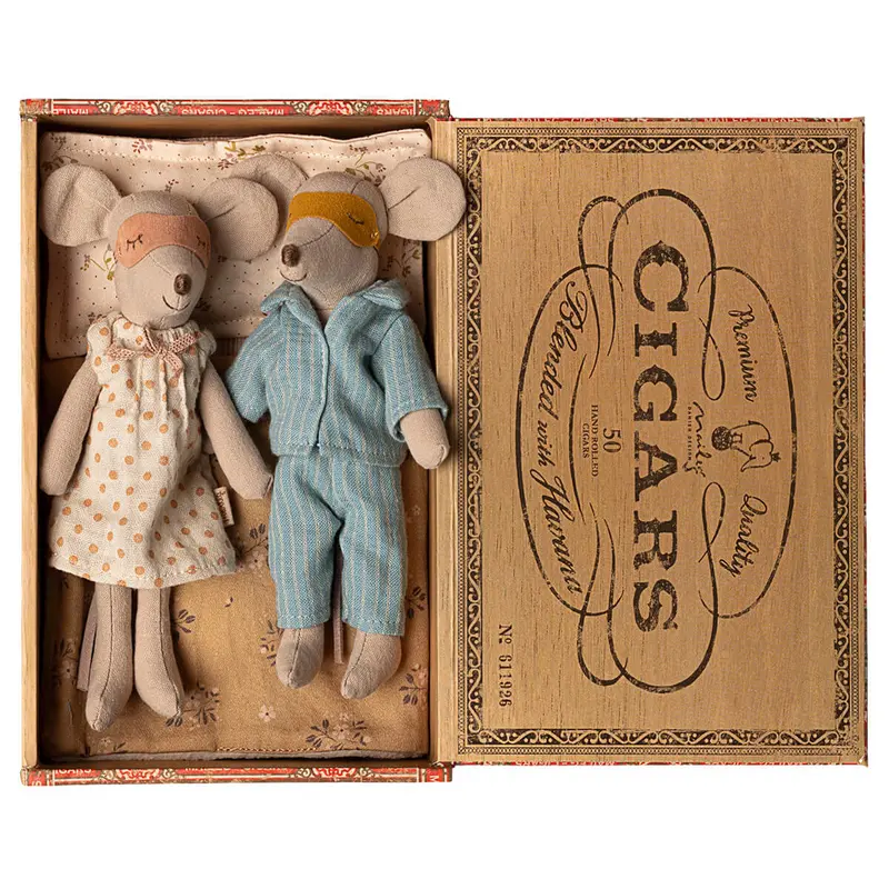 Mum and Dad Mice in Cigarbox (Polka Dot / Stripes) by Maileg