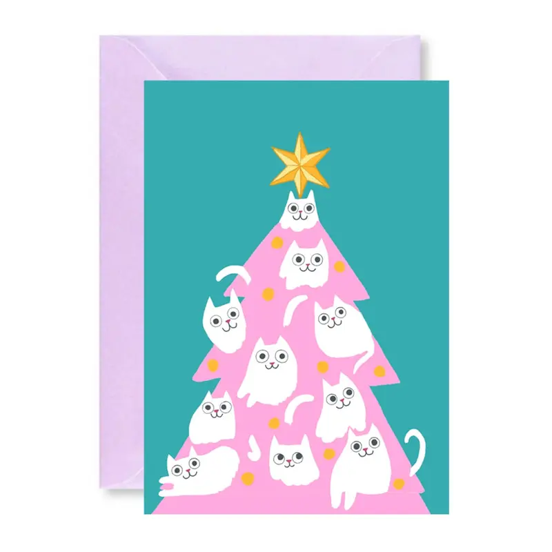 Christmas Cat Tree Greetings Card by Ickaprint