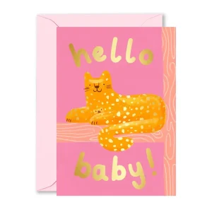 Hello Baby Leopard Pink Greetings Card by Ickaprint