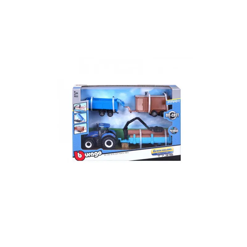 Burago New Holland 10cm Tractor & 3 Trailers