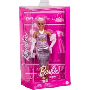 Barbie Deluxe Style Doll #1 in Glossy Pink Barbiecore Dress With Velvet Gloves, Pink Hair