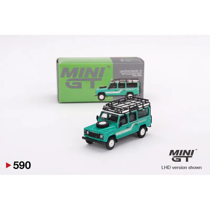 Mini GT Land Rover Defender 110 1985 County Station Wagon Trident Green 1:64 Die Cast