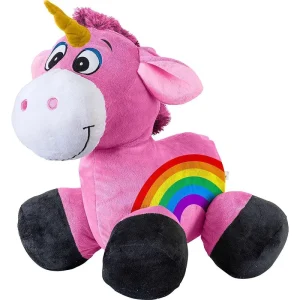 Inflate-a-mals Soft and Cuddly Inflatable Ride On Unicorn, 20-inch, Pink with Rainbow Soft Toy