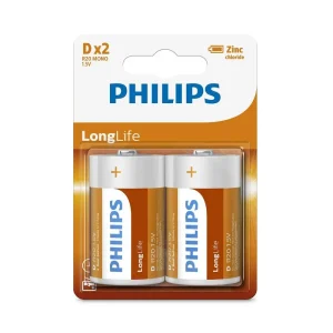 Philips Zinc Long Life D Type Batteries  2 Pack