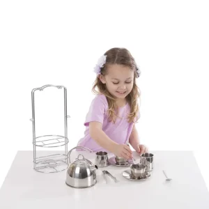 Melissa & Doug Stainless Steel Tea Set and Storage Stand Pretend Play
