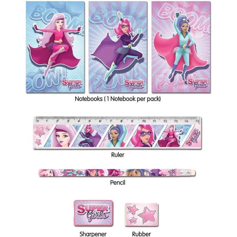 5 Piece Stationery Set Pink Super Girls