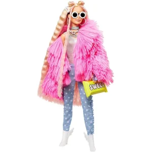 Barbie Extra Doll #3 In Pink Fluffy Coat with Pet Unicorn-pig