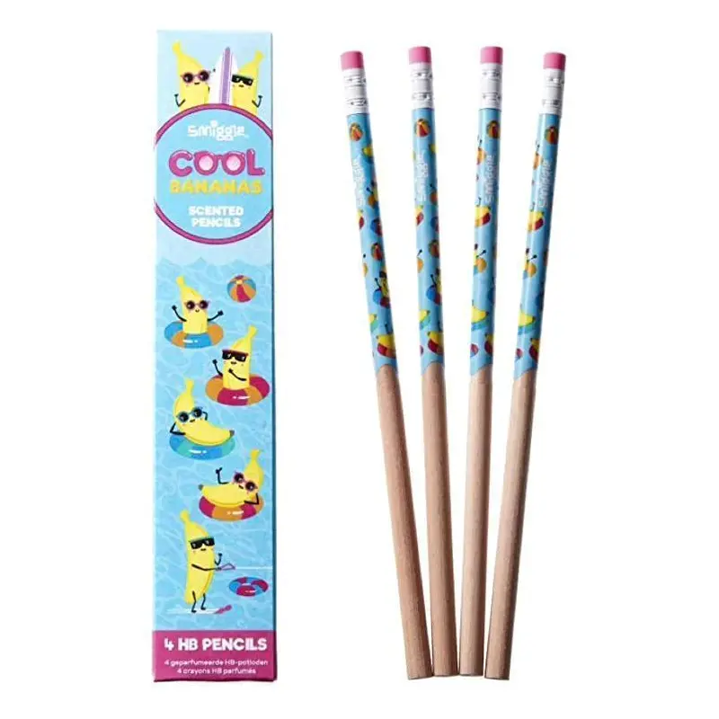 Smiggle Pencils X 4 Pack Scented Hb Wooden with Eraser Top - Cool Bananas