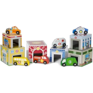 Melissa & Doug Nesting & Sorting Wooden Buildings & Vehicles
