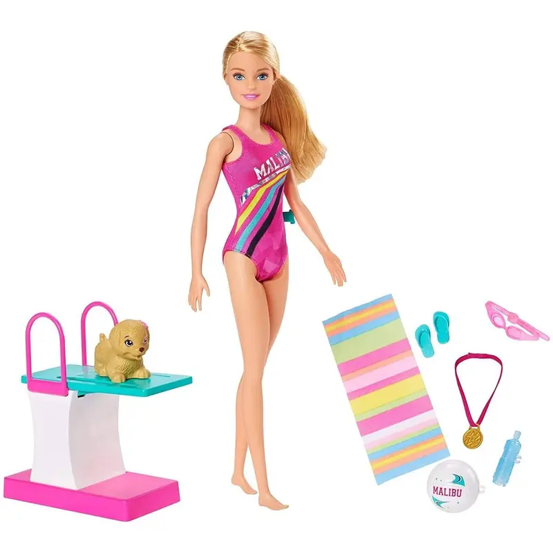 Barbie Dreamhouse Adventures Swim 'n Dive Doll, 11.5-inch In Swimwear, with Diving Board and Puppy Dolls