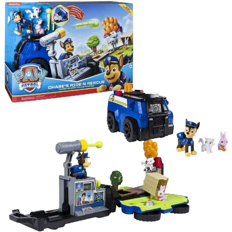 PAW Patrol 6053389 Chase's Ride n' Rescue, Transforming 2-in-1 Playset and Police Cruiser Cars