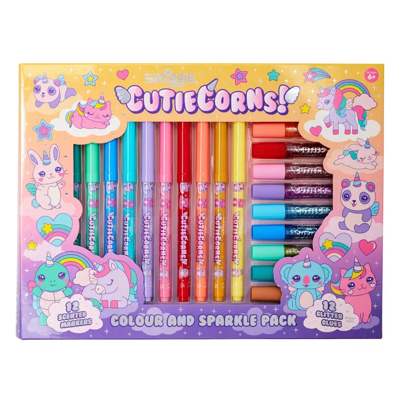 Smiggle Cutiecorns Scented Marker and Glitter Glue Pack - Colour Mix