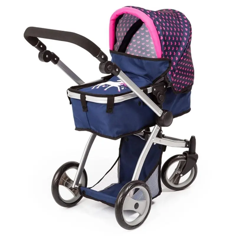 Bayer Milano Doll Pram 6-in-1 Mega Set - Dark Blue with Pink Hearts